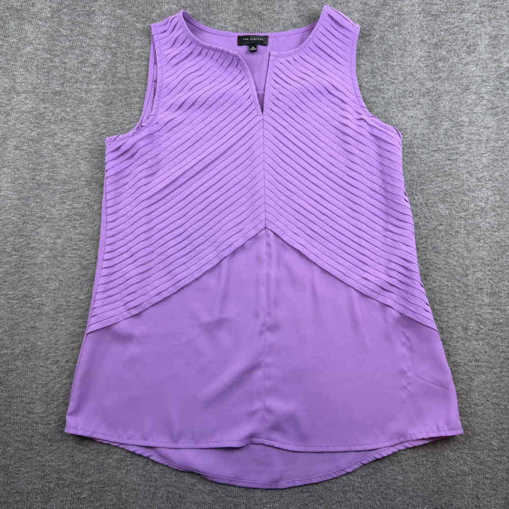 The Limited Sleeveless Blouse Womens XS Purple Pleated Chevron Split V-Neck Top